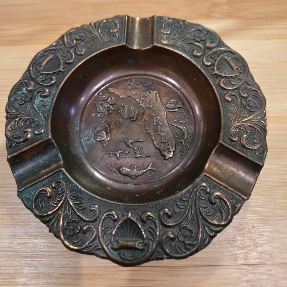 Vintage Florida Souvenir Metal Ashtray Embossed Copper Tone Made in Hong Kong 5"
